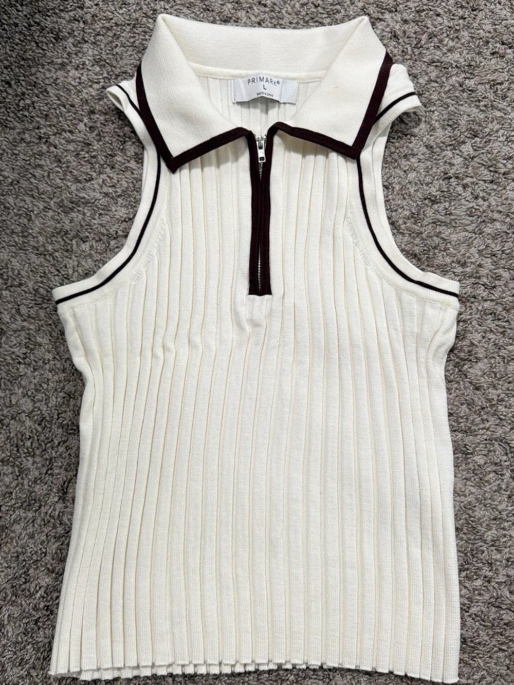 Primark Cream Ribbed Sleeveless Polo Top with Dark Brown Trim